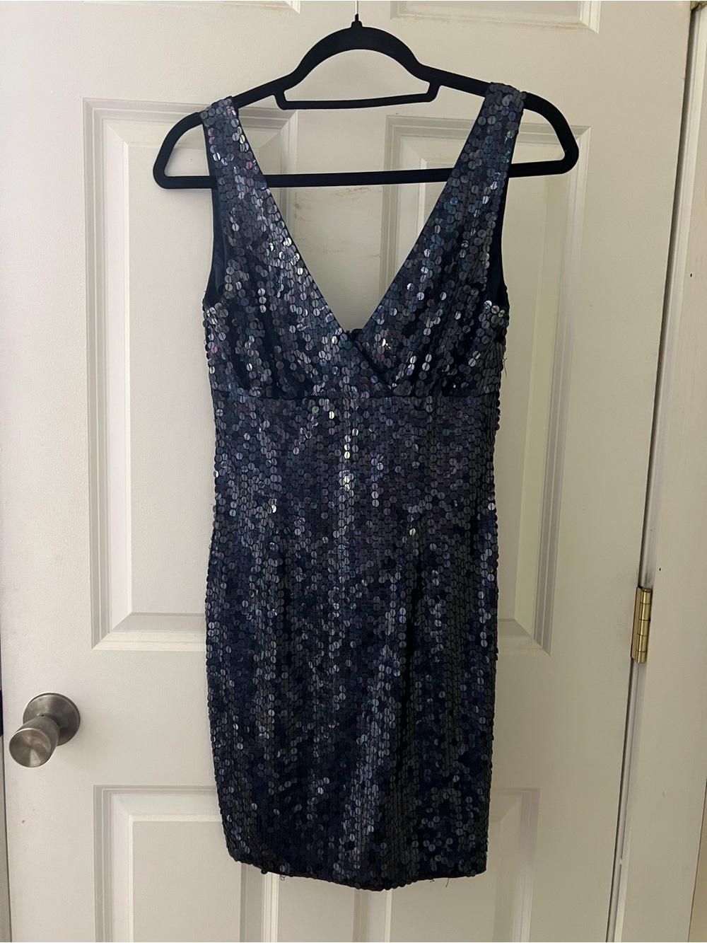 Adrianna Papell Navy Sequin V-Neck Mini Dress